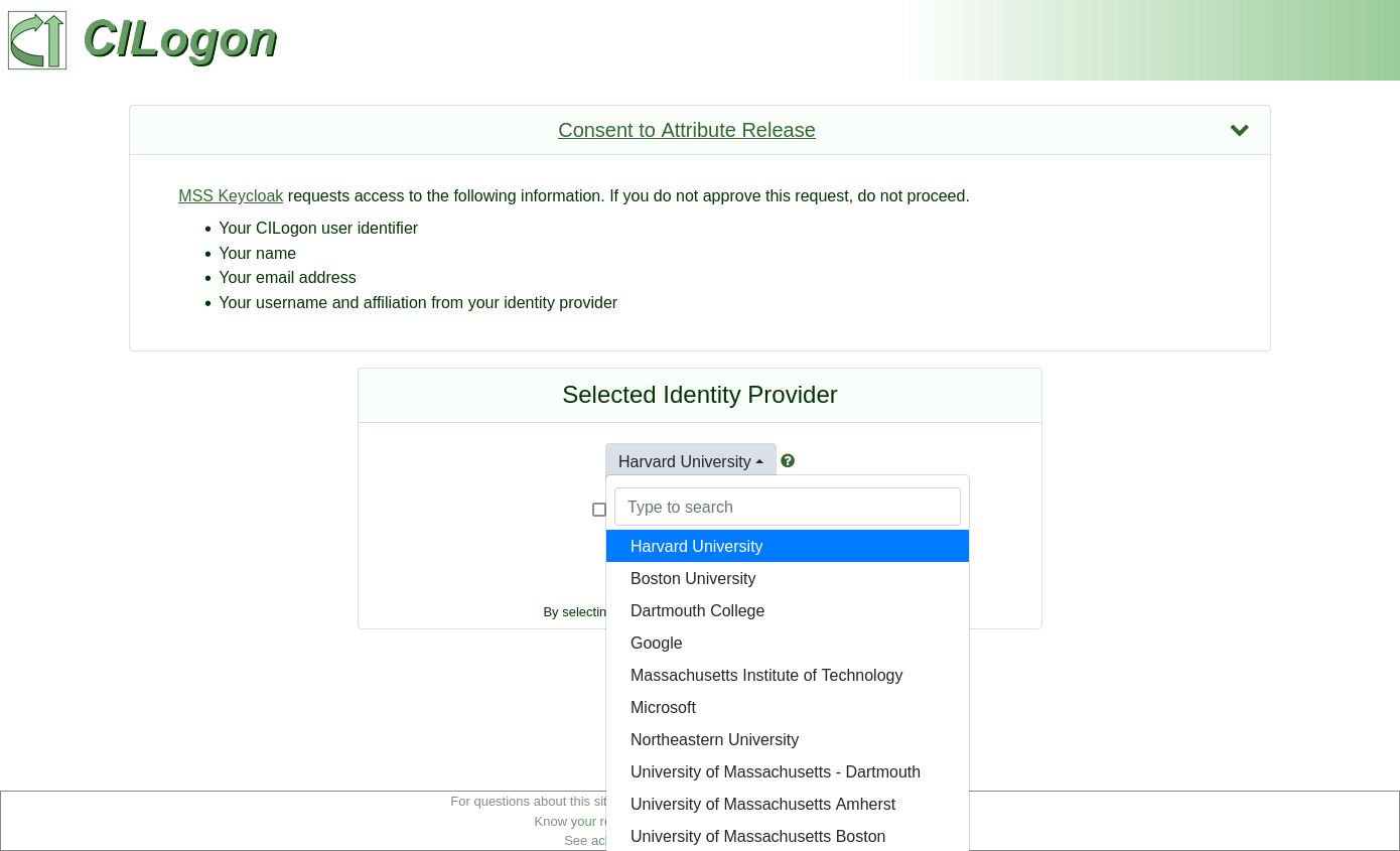 CILogoon institution selection