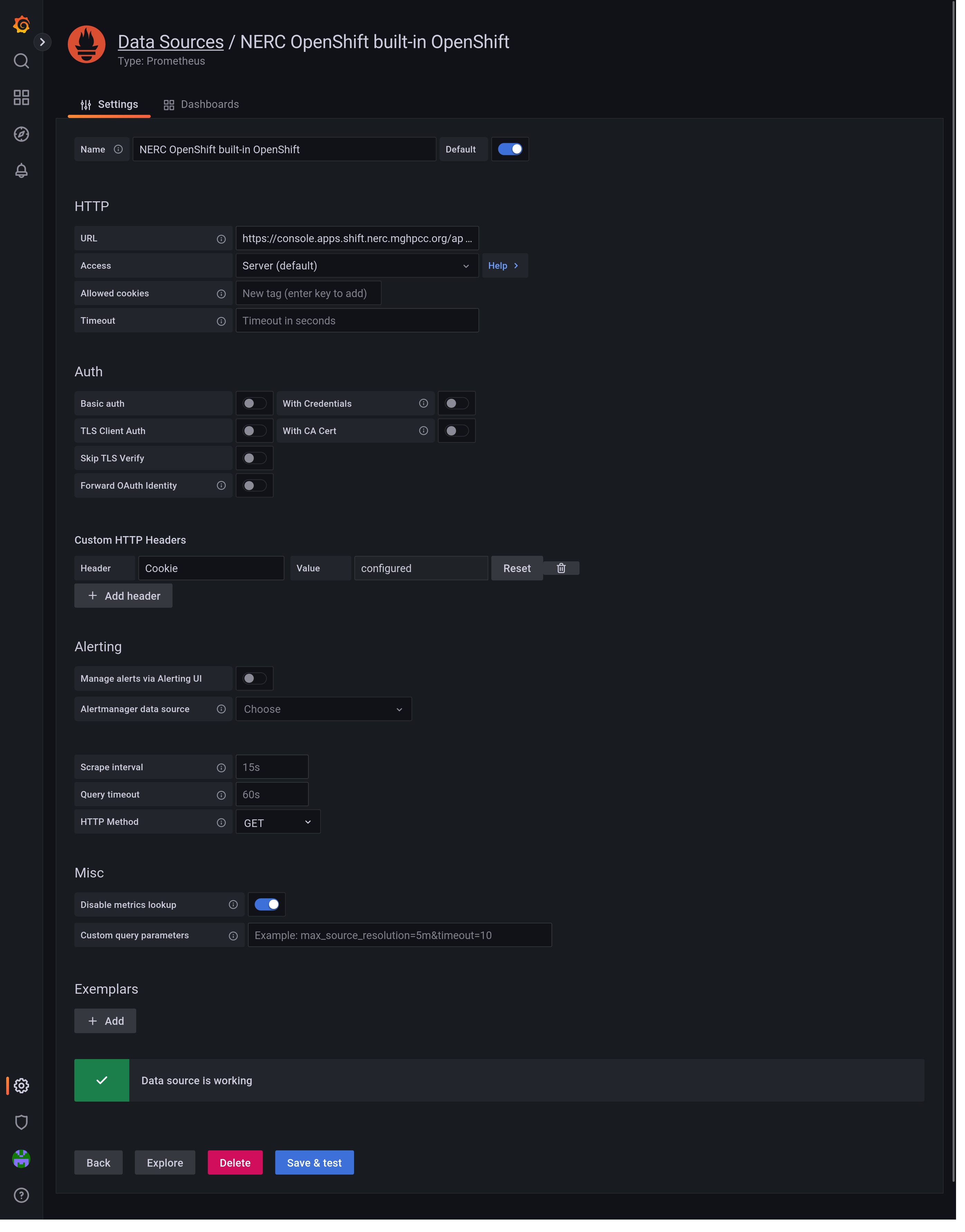 Screenshot of Grafana data source configuration