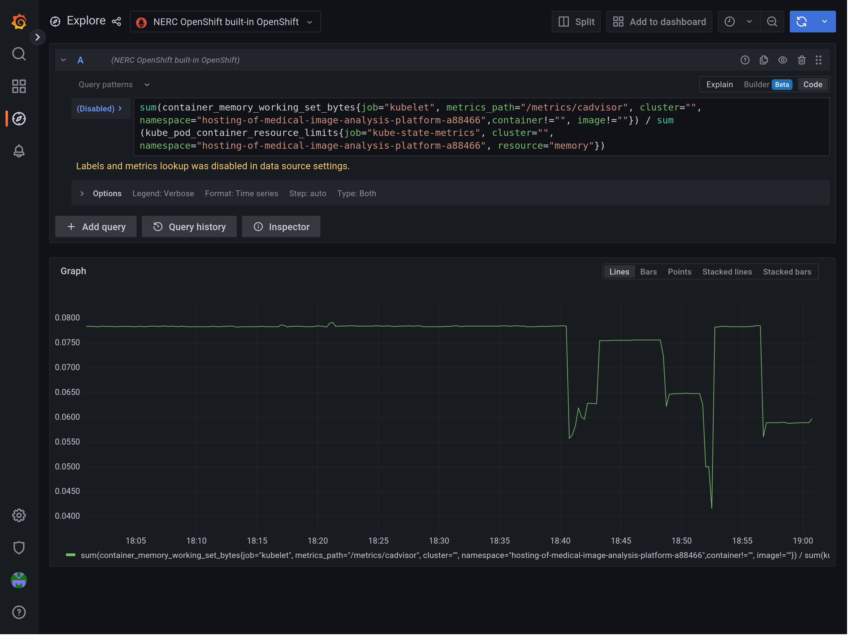 Screenshot of Grafana Explore tab