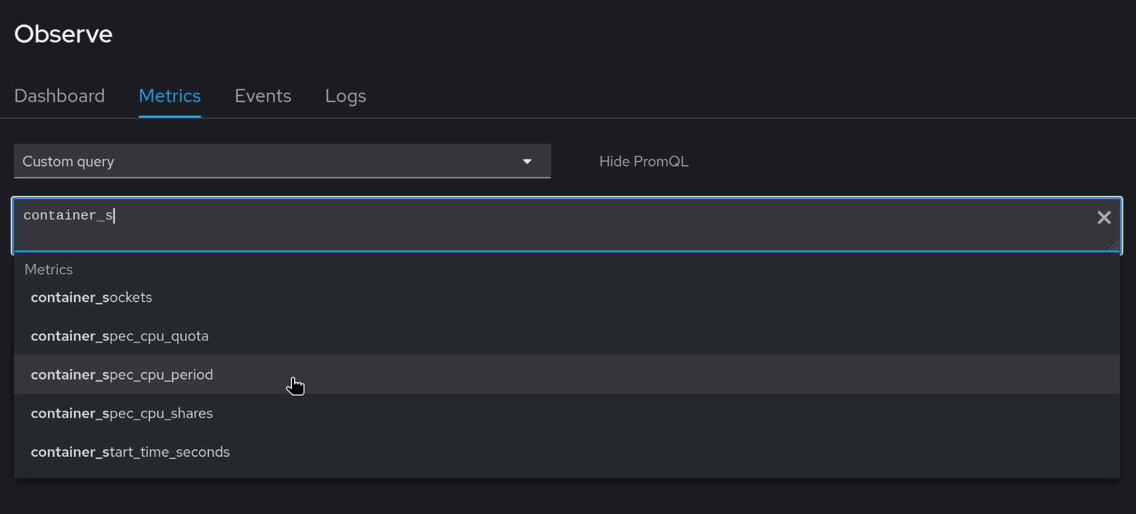 Screenshot of OpenShift Observe metrics autocomplete feature