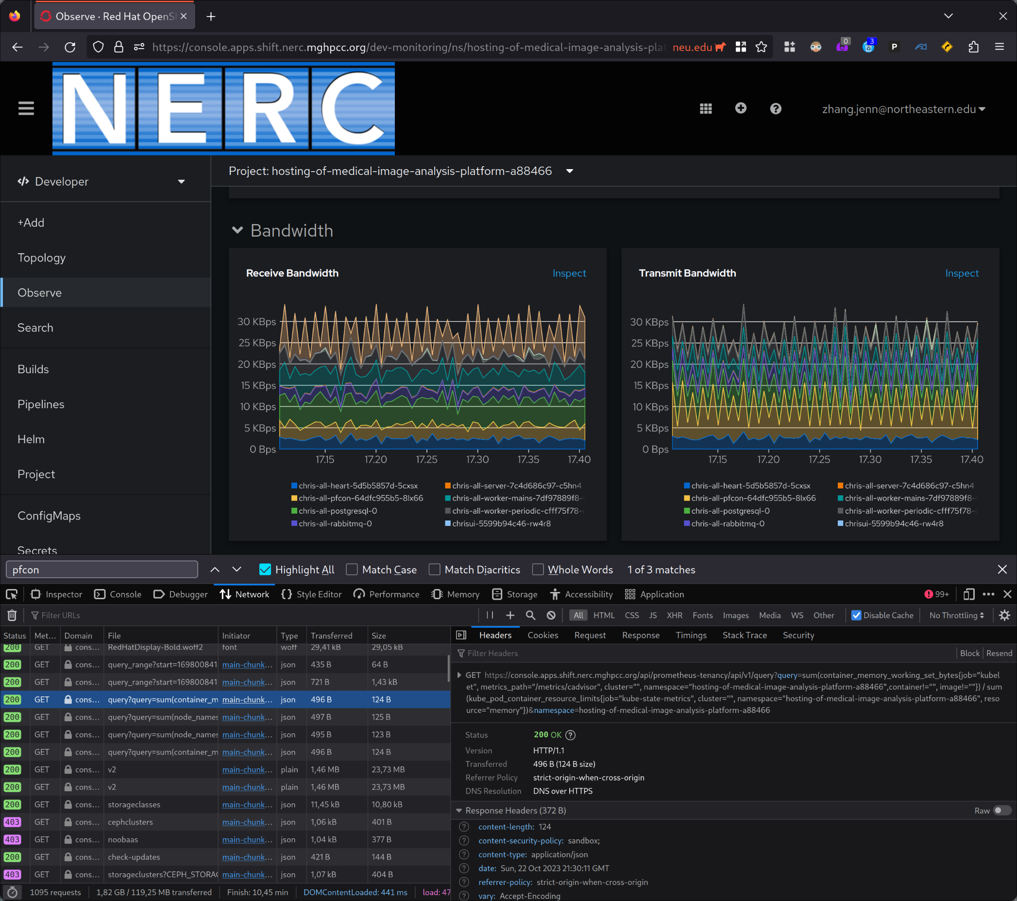 Screenshot of OpenShift &quot;Observe&quot; dashboard with devtools open